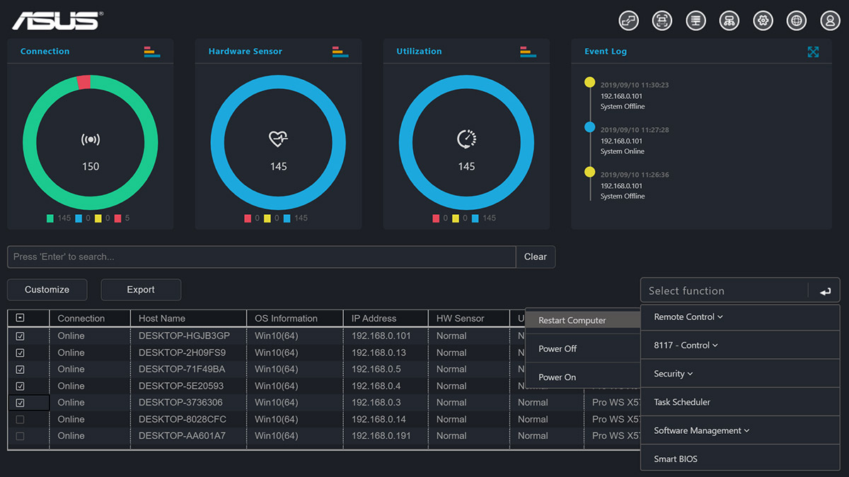 ASUS Control Center Express dashboard UI